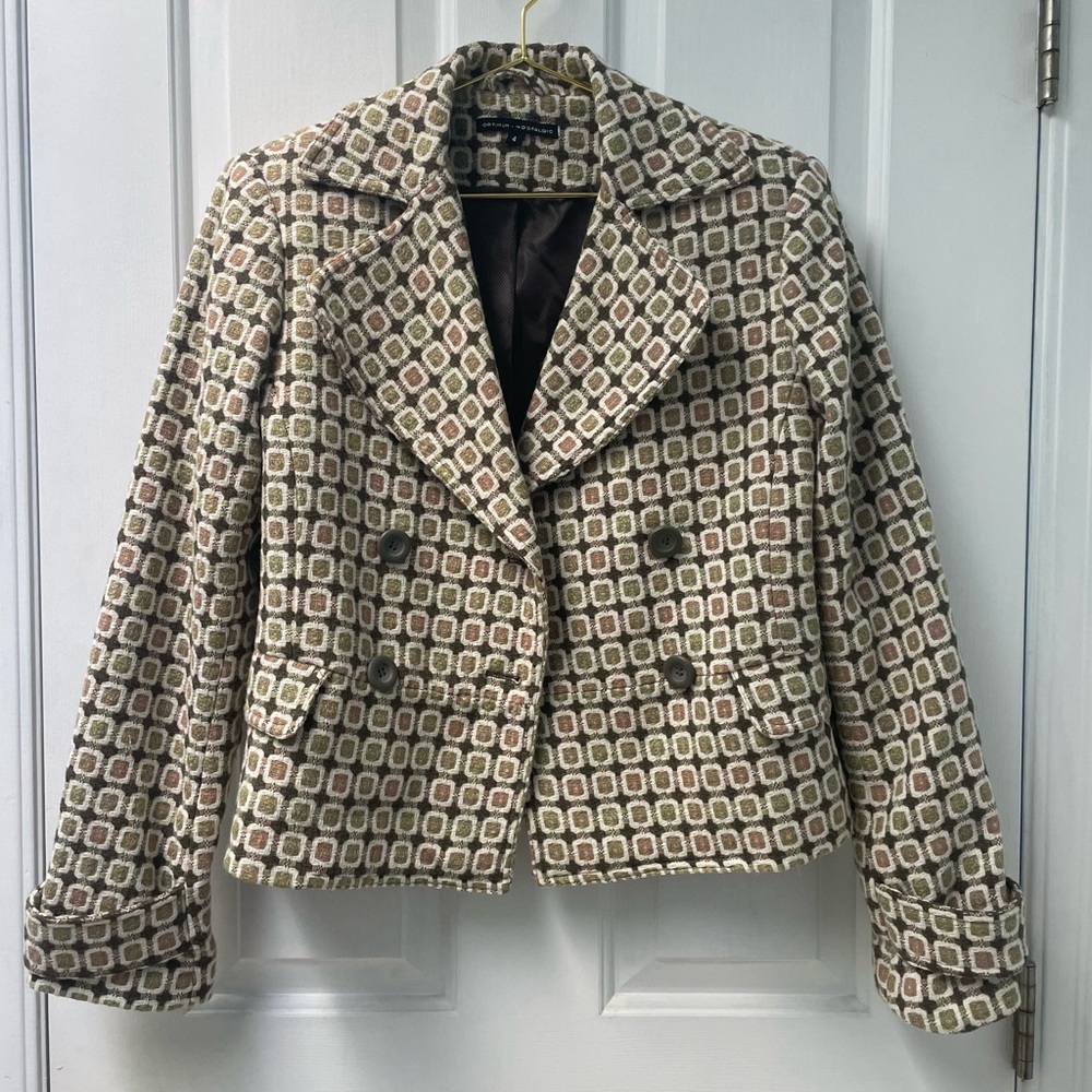 4 Optimum Nostalgic Women's Green Tweed Patterned Double Breasted Blazer